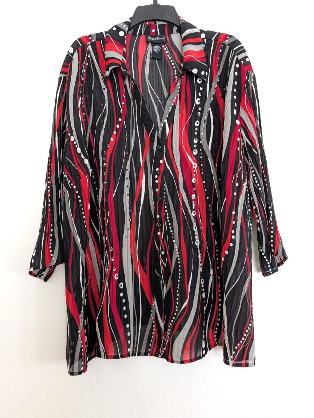 Maggie Barnes Blouse Womens 1X Red Black Accordion Stripe Sheer Sequin Top